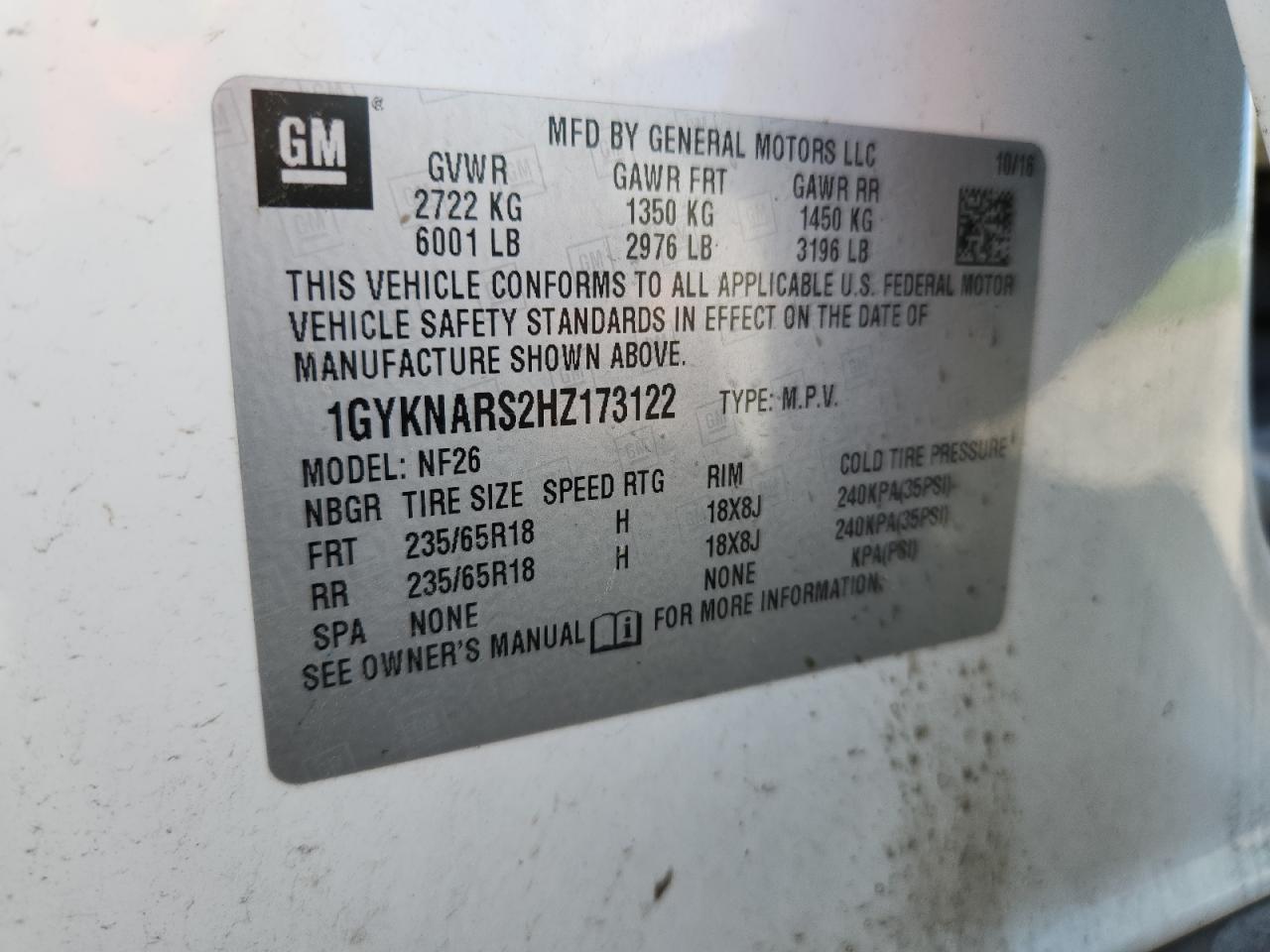 2017 Cadillac Xt5 VIN: 1GYKNARS2HZ173122 Lot: 63027715