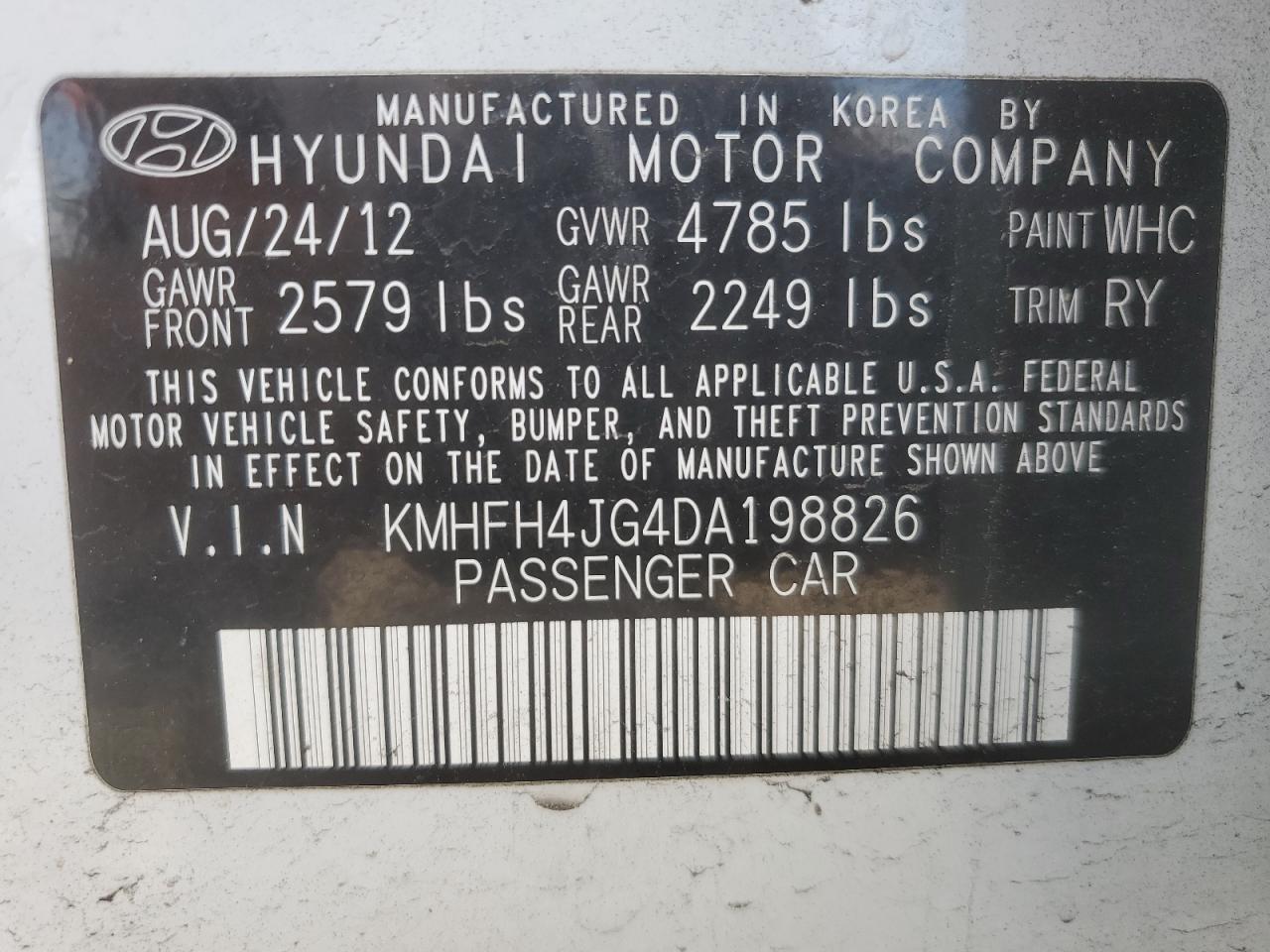 2013 Hyundai Azera Gls VIN: KMHFH4JG4DA198826 Lot: 64582555