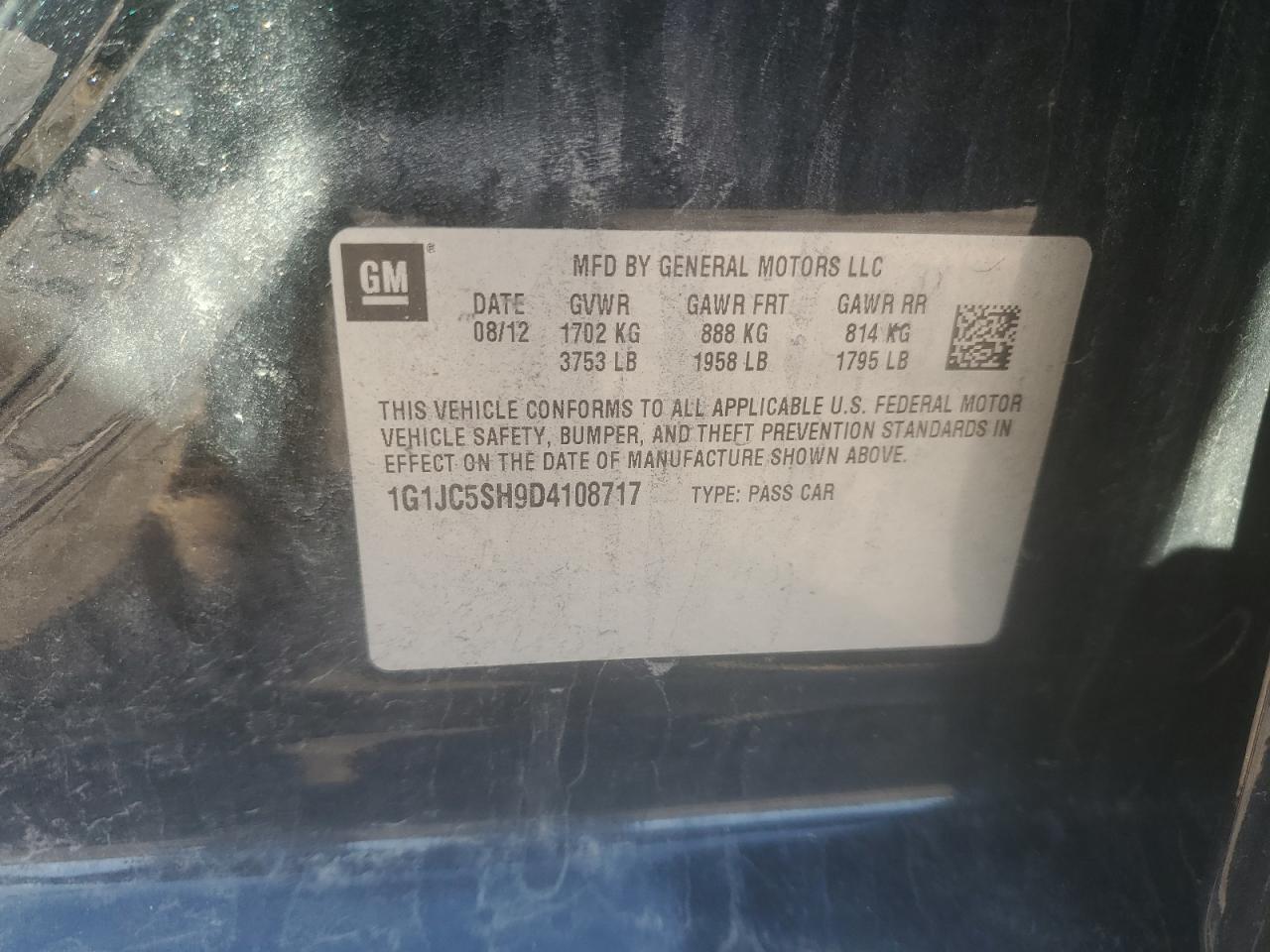 2013 Chevrolet Sonic Lt VIN: 1G1JC5SH9D4108717 Lot: 65395575
