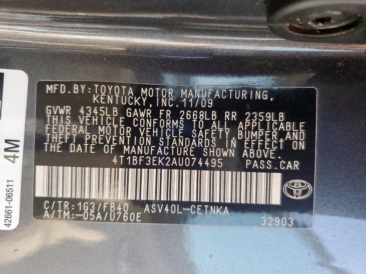 2010 Toyota Camry Base VIN: 4T1BF3EK2AU074495 Lot: 65419265