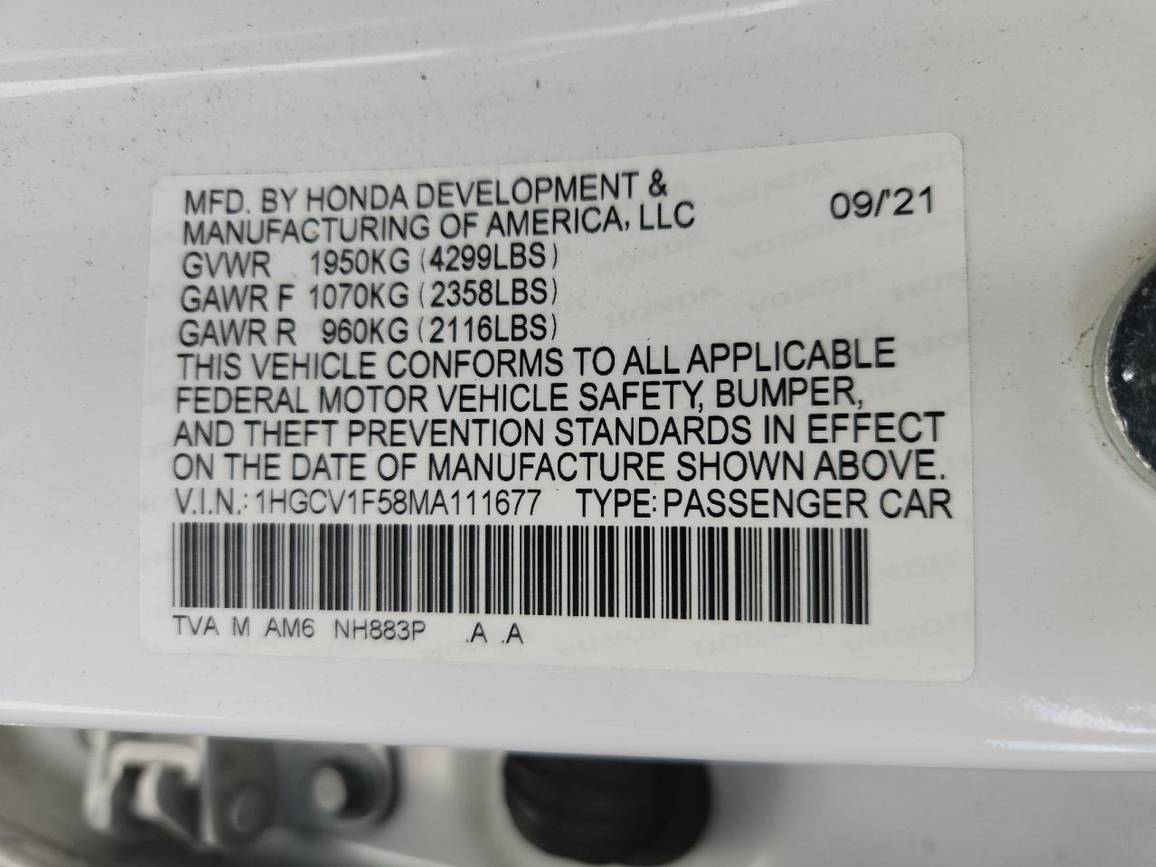 2021 Honda Accord Exl VIN: 1HGCV1F58MA111677 Lot: 65006705