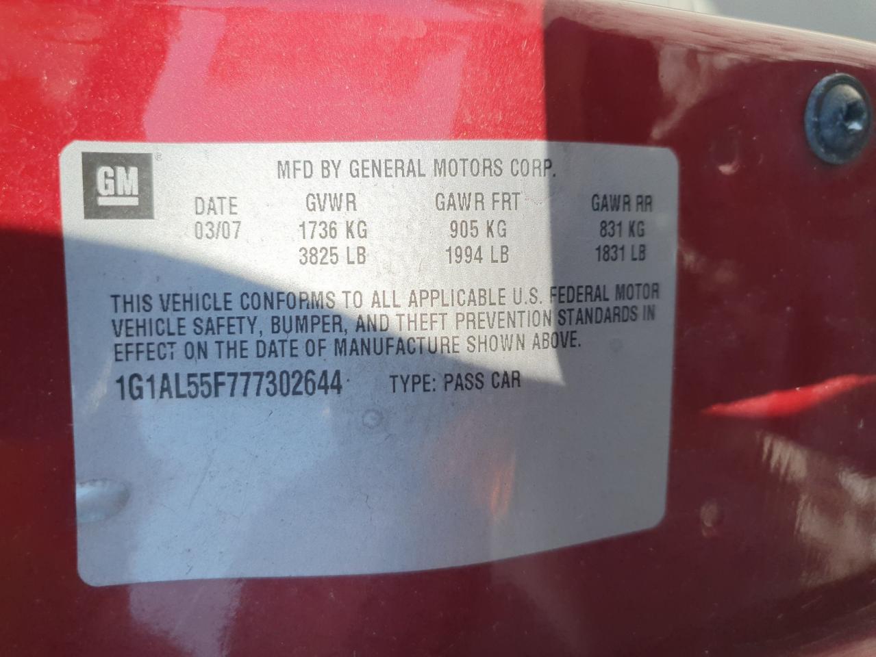 2007 Chevrolet Cobalt Lt VIN: 1G1AL55F777302644 Lot: 63386135