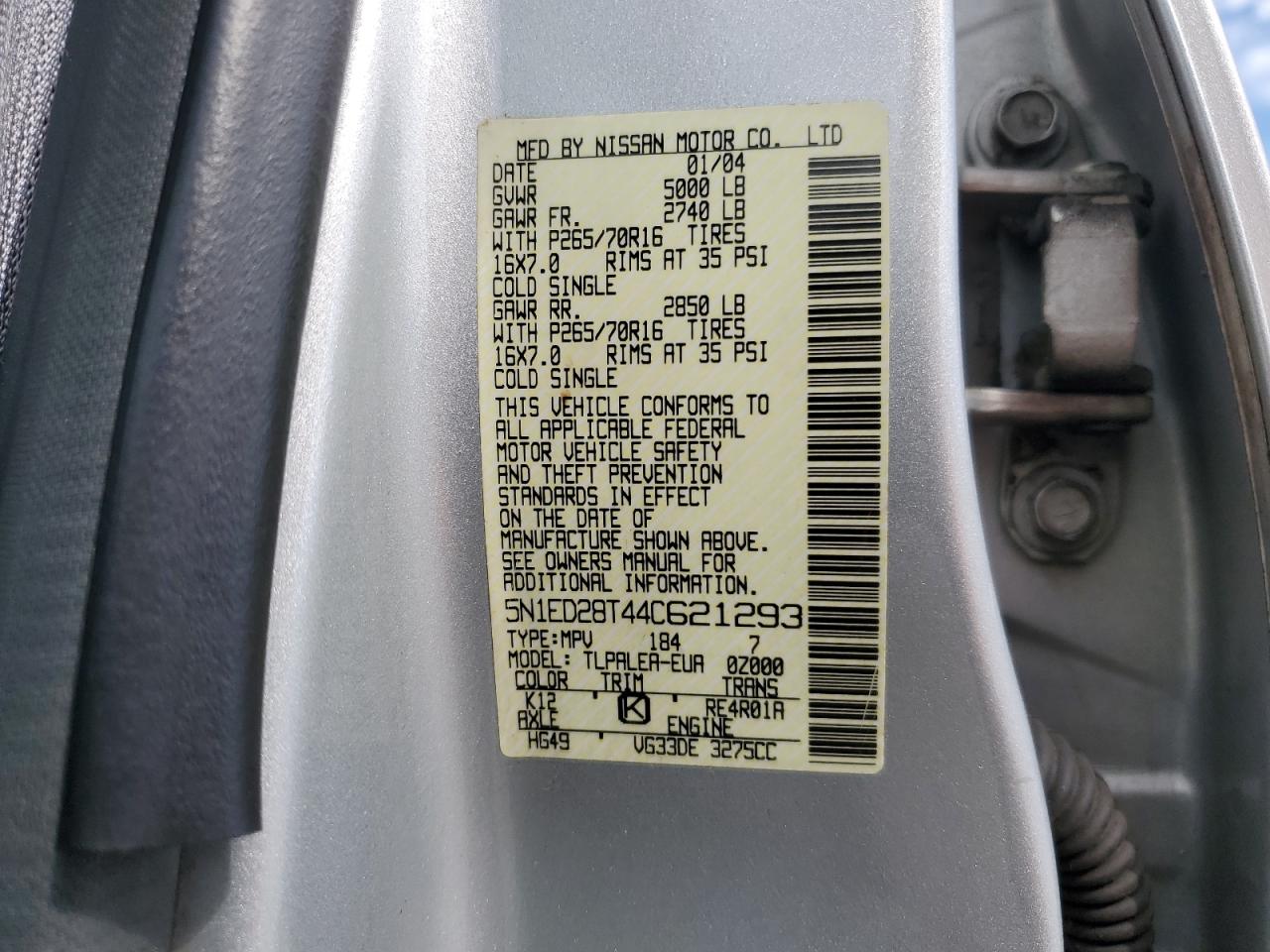 2004 Nissan Xterra Xe VIN: 5N1ED28T44C621293 Lot: 63514815