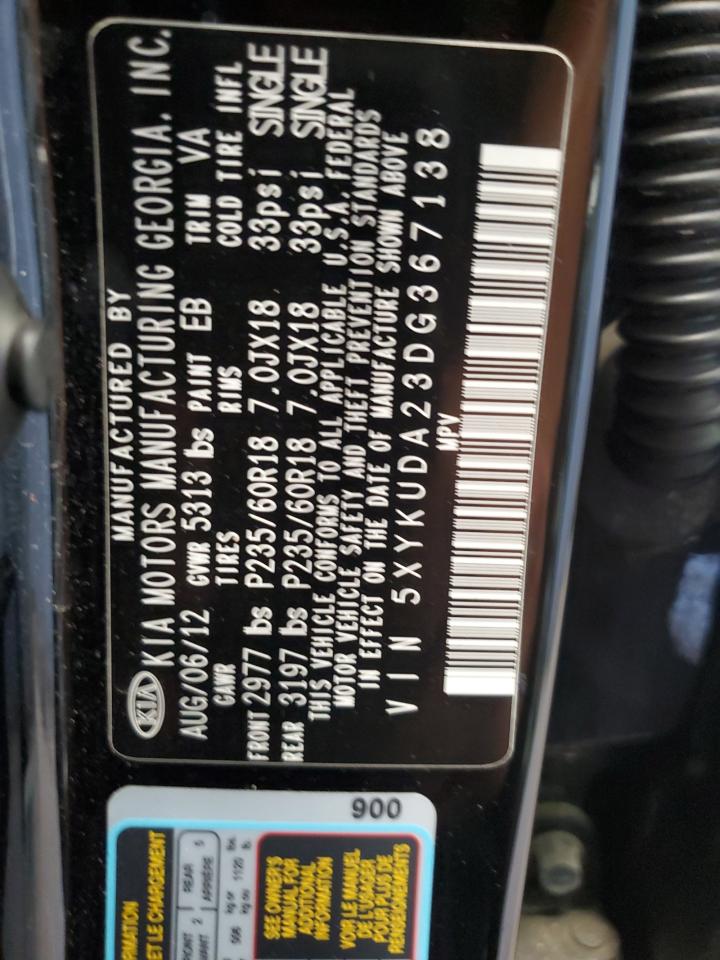 2013 Kia Sorento Ex VIN: 5XYKUDA23DG367138 Lot: 63065795