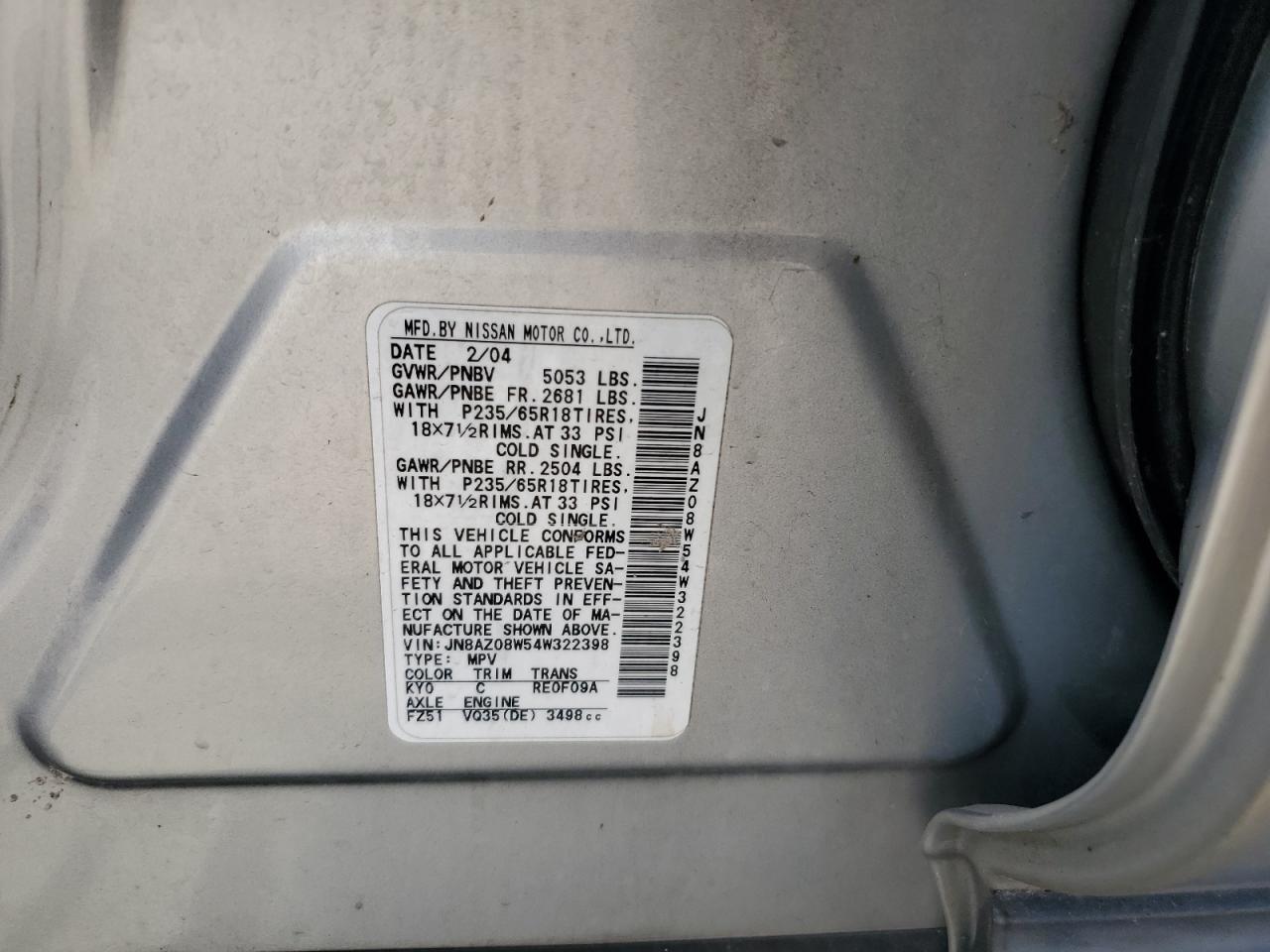 2004 Nissan Murano Sl VIN: JN8AZ08W54W322398 Lot: 66049985