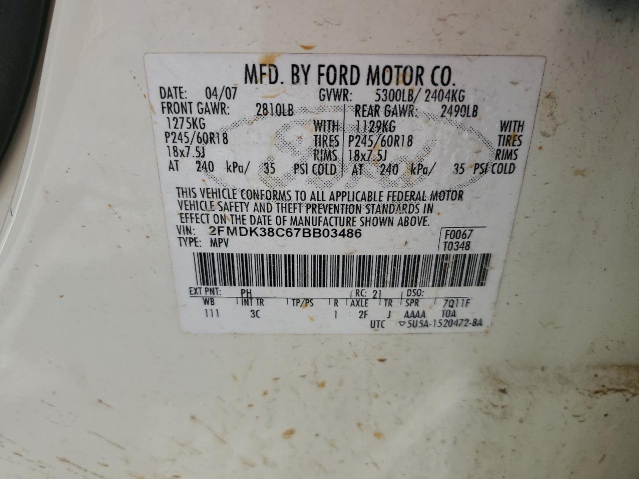 2007 Ford Edge Sel VIN: 2FMDK38C67BB03486 Lot: 65219345