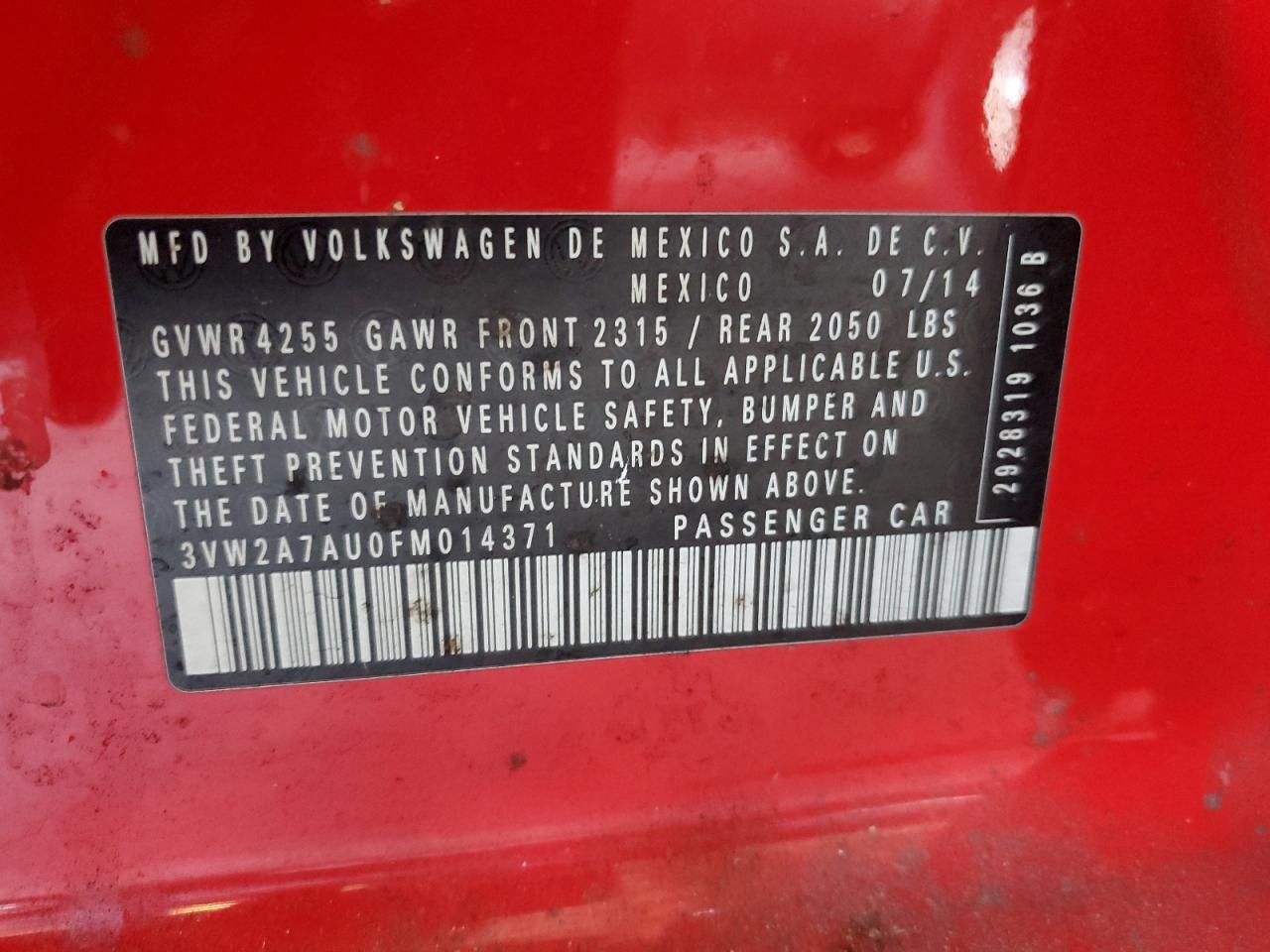 2015 Volkswagen Golf Tdi VIN: 3VW2A7AU0FM014371 Lot: 94354865
