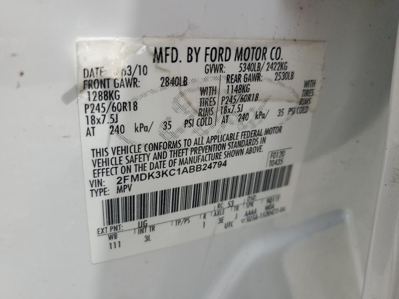 2010 Ford Edge Limited VIN: 2FMDK3KC1ABB24794 Lot: 65033035