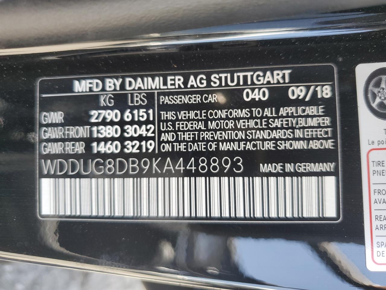 2019 Mercedes-Benz S 560 VIN: WDDUG8DB9KA448893 Lot: 63530115