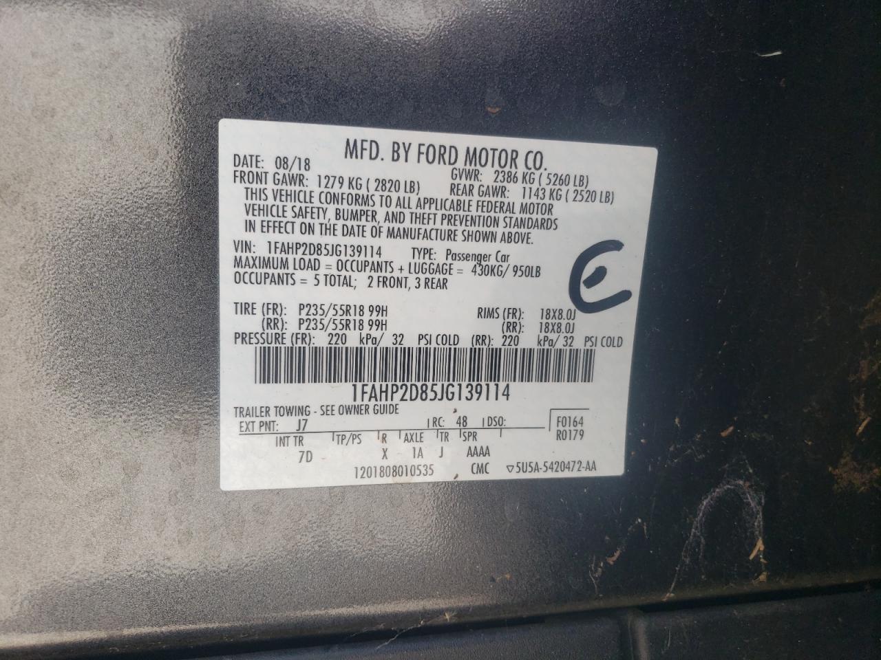 2018 Ford Taurus Se VIN: 1FAHP2D85JG139114 Lot: 66876915