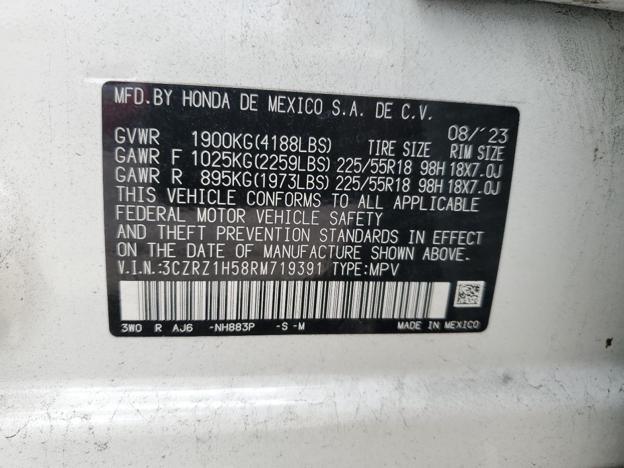 2024 Honda Hr-V Sport VIN: 3CZRZ1H58RM719391 Lot: 64428985