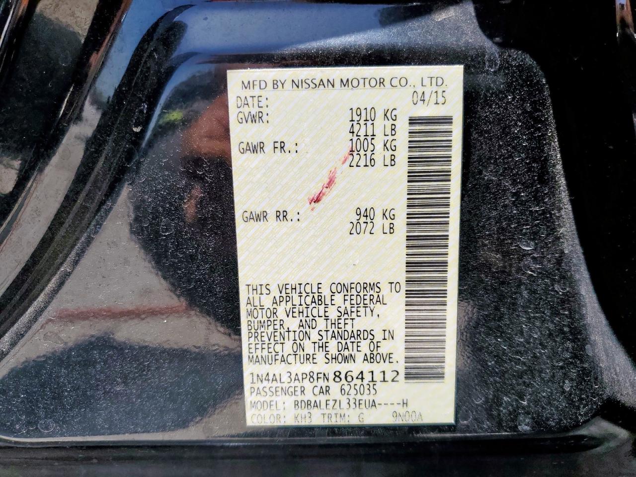 2015 Nissan Altima 2.5 VIN: 1N4AL3AP8FN864112 Lot: 65414895