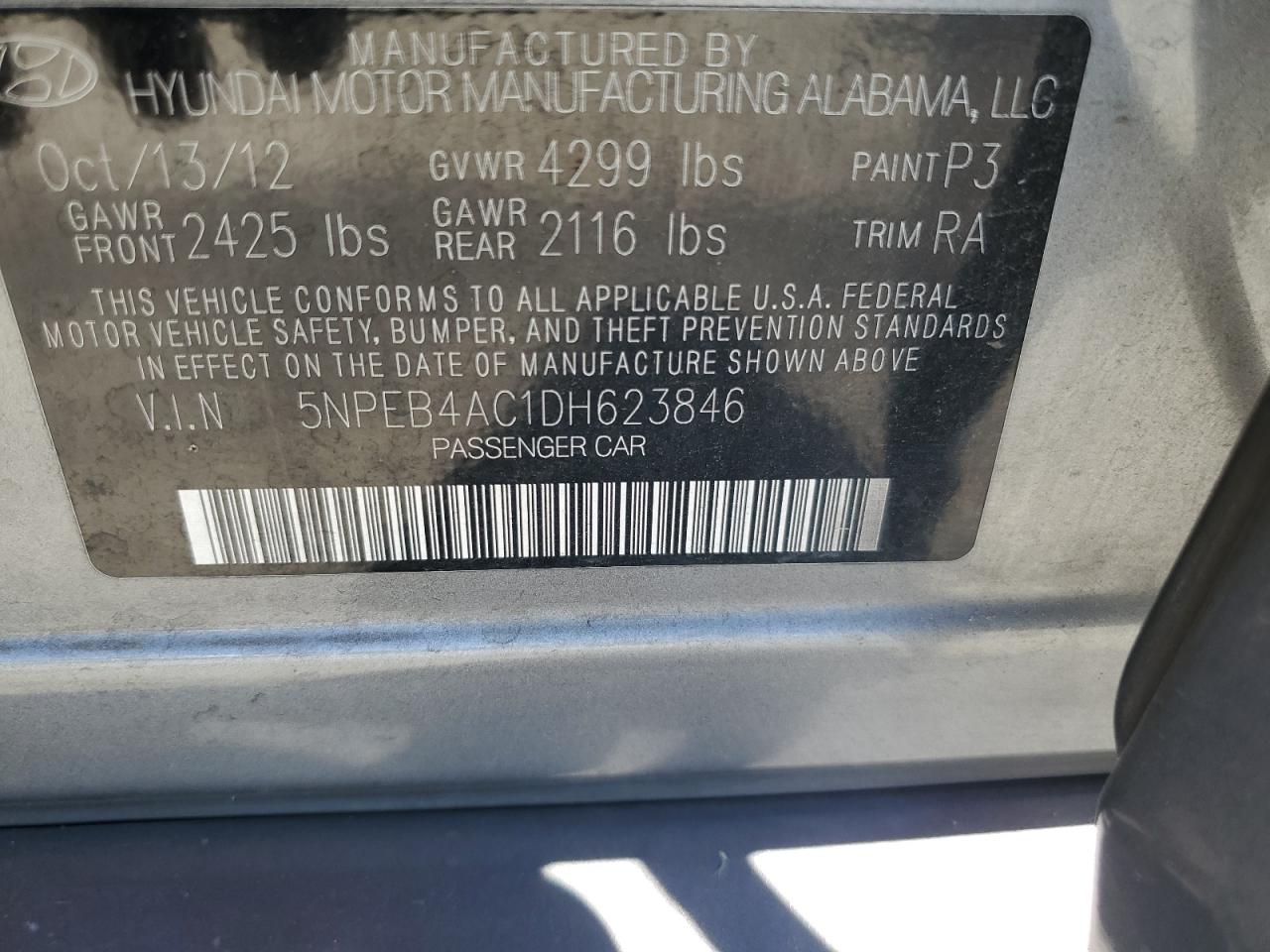 2013 Hyundai Sonata Gls VIN: 5NPEB4AC1DH623846 Lot: 64243025