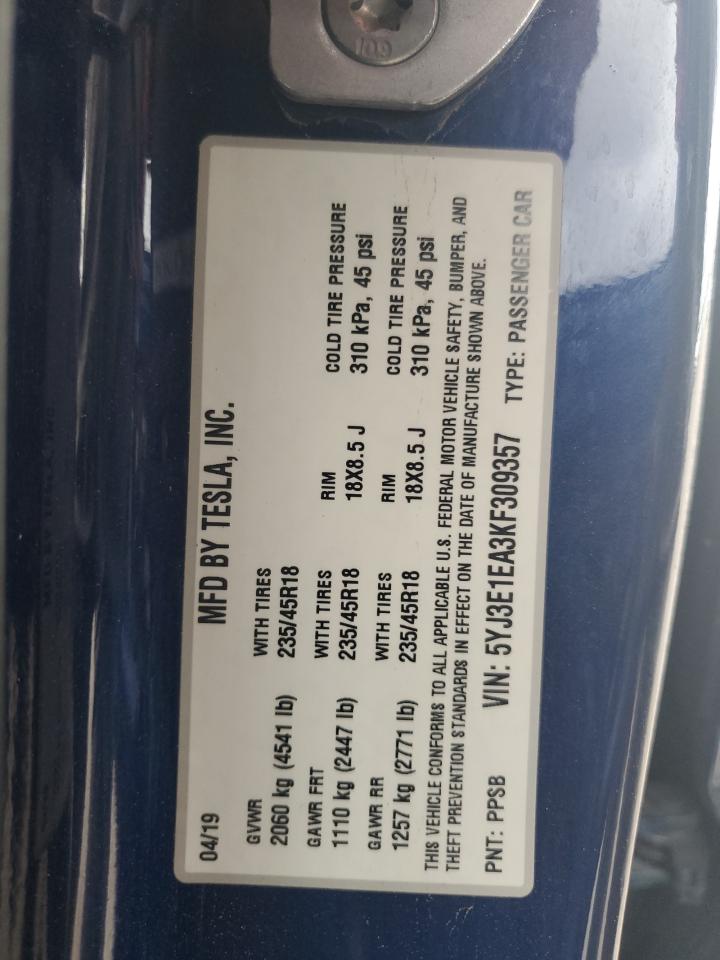 2019 Tesla Model 3 VIN: 5YJ3E1EA3KF309357 Lot: 66151025