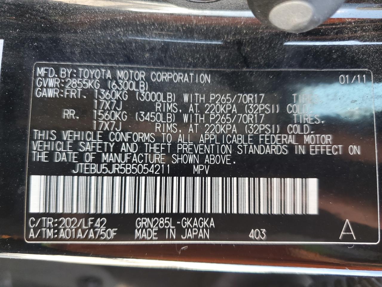 2011 Toyota 4Runner Sr5 VIN: JTEBU5JR5B5054211 Lot: 64990665