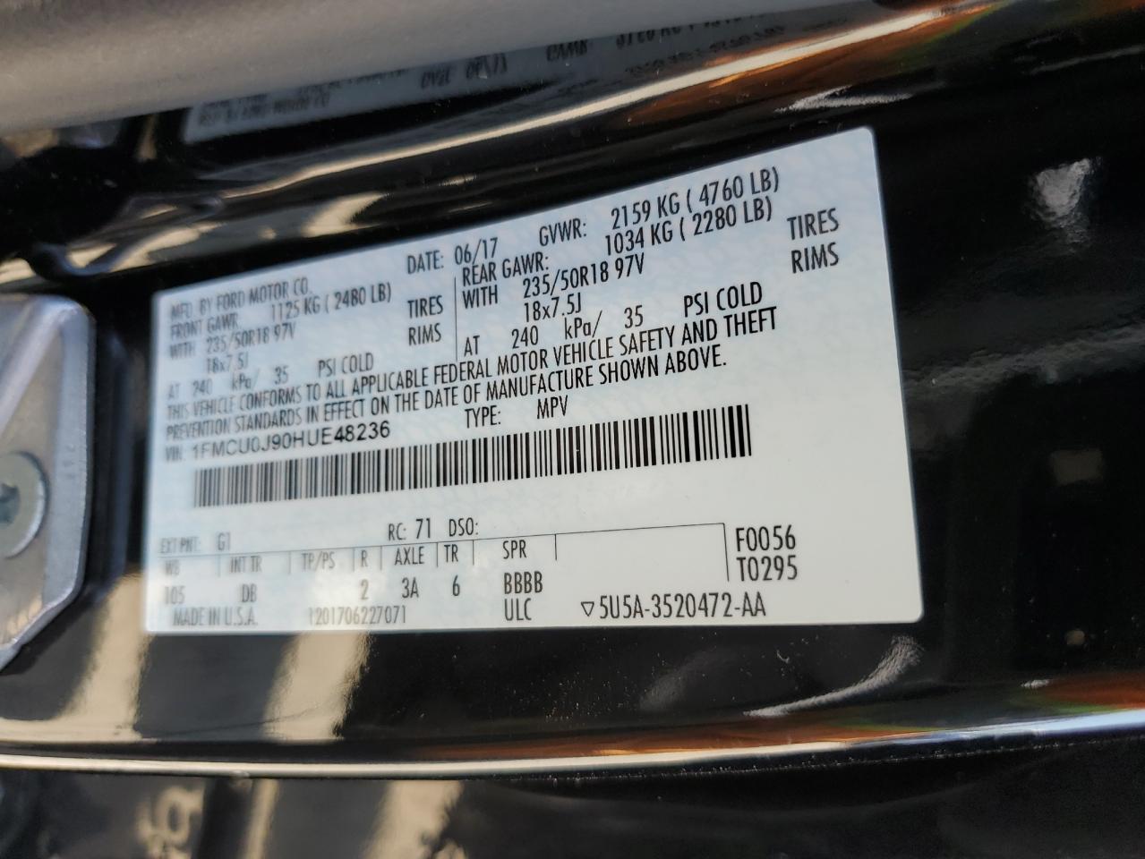 2017 Ford Escape Titanium VIN: 1FMCU0J90HUE48236 Lot: 64848105
