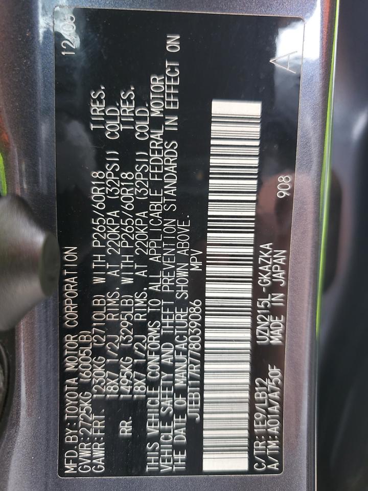 2007 Toyota 4Runner Limited VIN: JTEBT17R778039086 Lot: 64812875