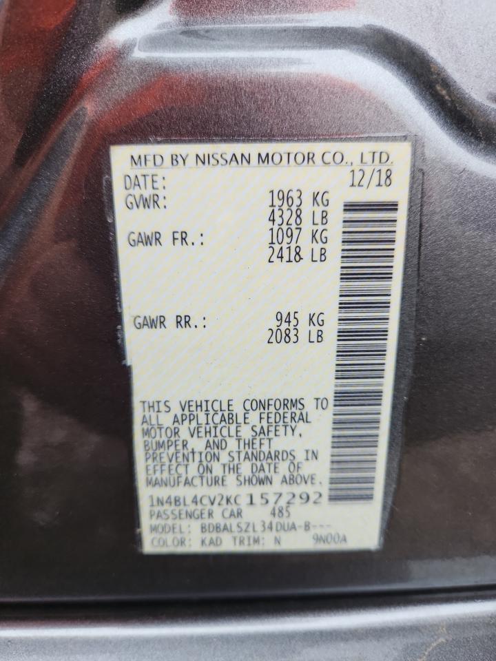 2019 Nissan Altima Sr VIN: 1N4BL4CV2KC157292 Lot: 64204075