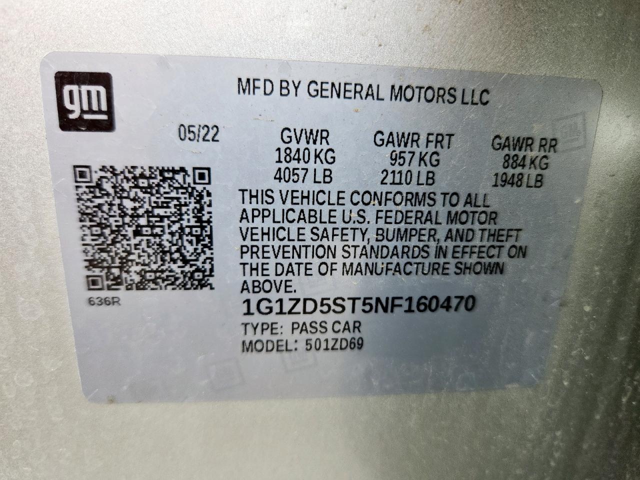 2022 Chevrolet Malibu Lt VIN: 1G1ZD5ST5NF160470 Lot: 64635085