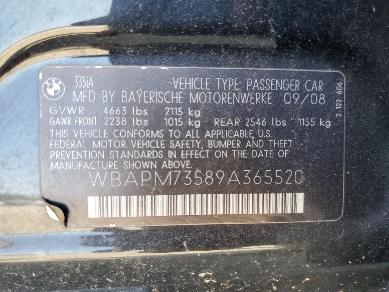 wbapm73589a365520 WBAPM73589A365520 2009 BMW 335 I