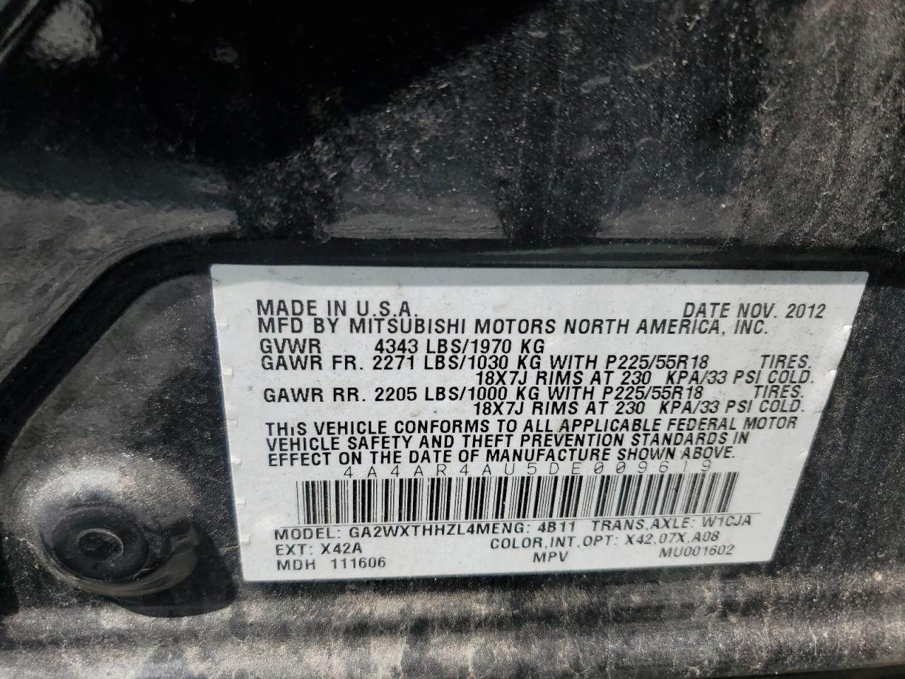 2013 Mitsubishi Outlander Sport Se VIN: 4A4AR4AU5DE009619 Lot: 65118095