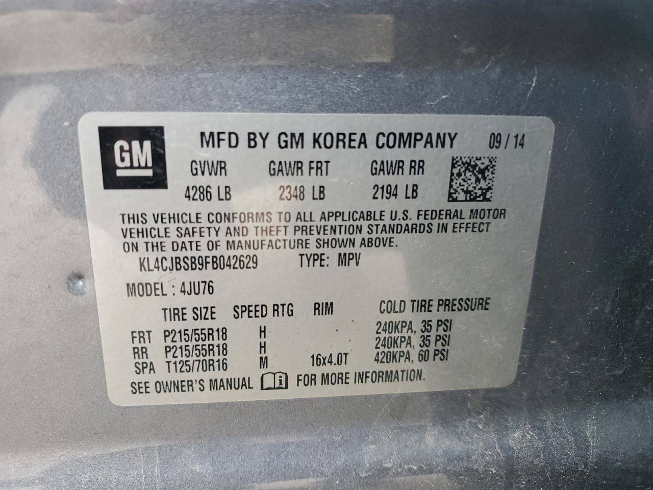 2015 Buick Encore Convenience VIN: KL4CJBSB9FB042629 Lot: 65454955