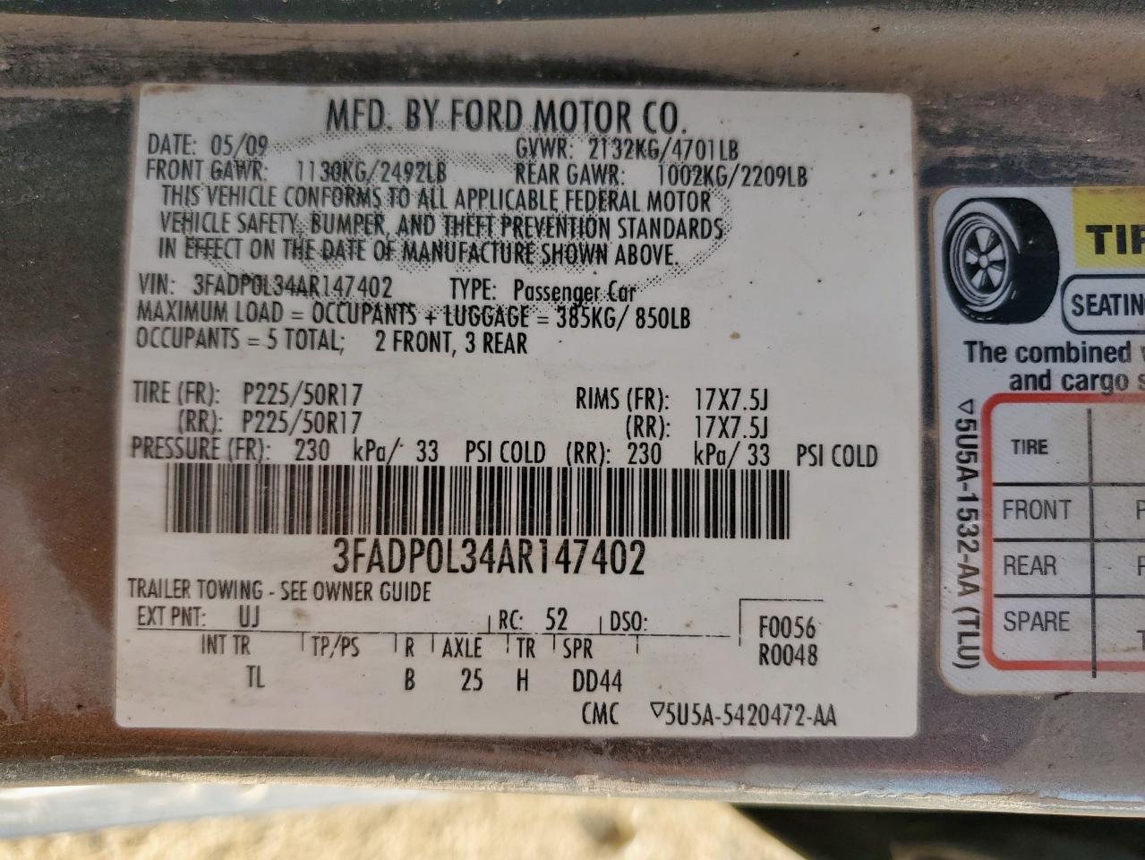 2010 Ford Fusion Hybrid VIN: 3FADP0L34AR147402 Lot: 64518975