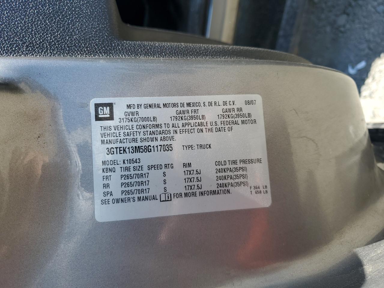 2008 GMC Sierra K1500 VIN: 3GTEK13M58G117035 Lot: 64204965