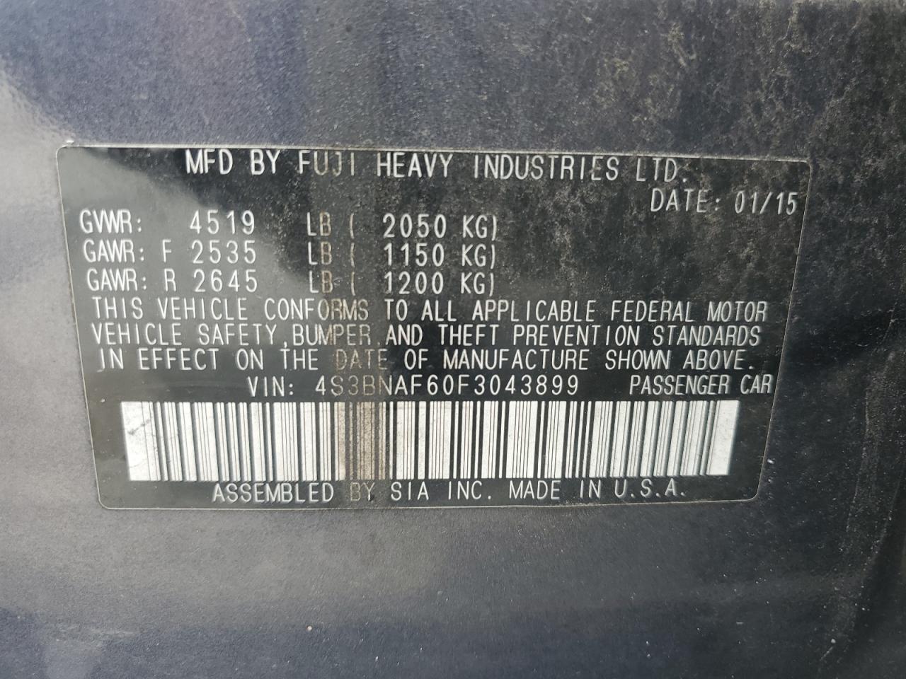 2015 Subaru Legacy 2.5I Premium VIN: 4S3BNAF60F3043899 Lot: 65437915
