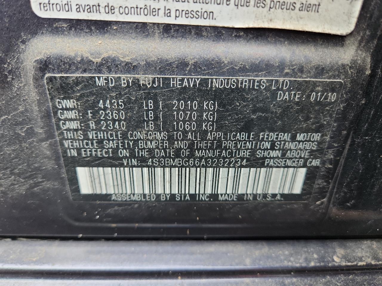 2010 Subaru Legacy 2.5I Premium VIN: 4S3BMBG66A3232234 Lot: 65087475