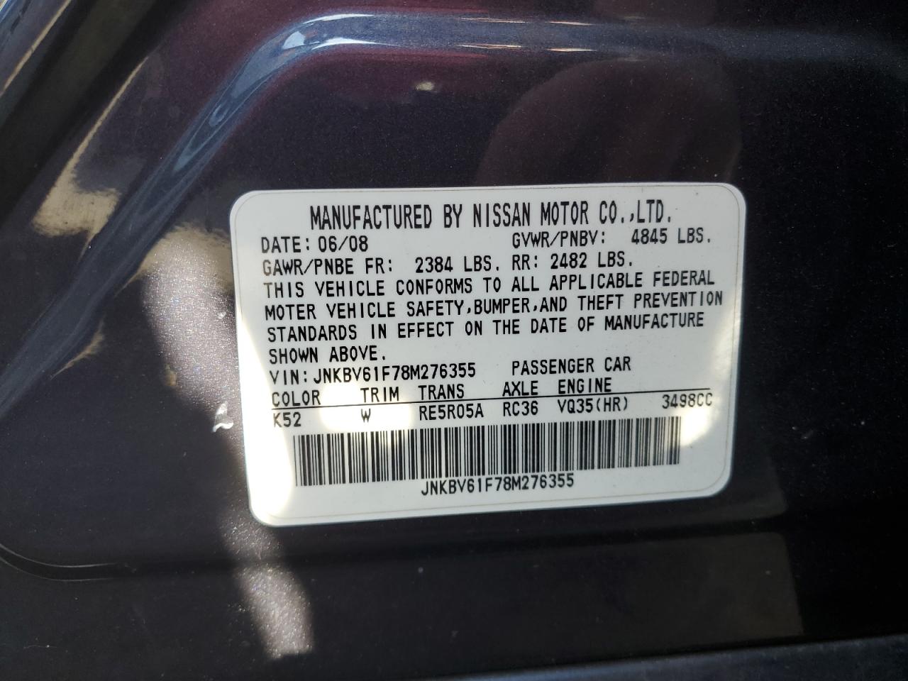 2008 Infiniti G35 VIN: JNKBV61F78M276355 Lot: 62374405