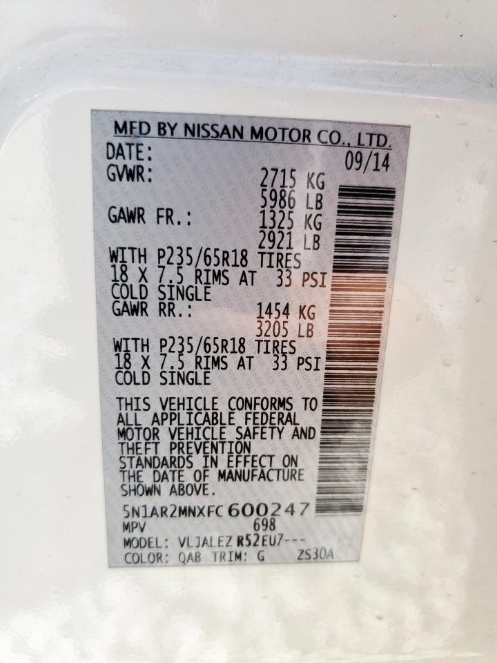 2015 Nissan Pathfinder S VIN: 5N1AR2MNXFC600247 Lot: 64881035