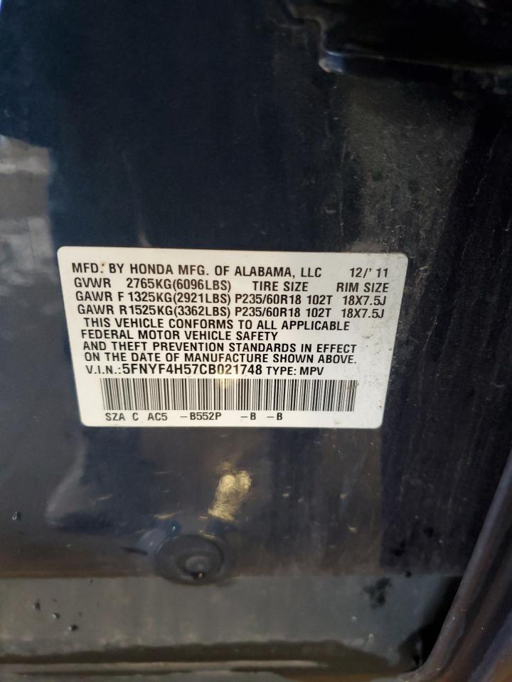 2012 Honda Pilot Exl VIN: 5FNYF4H57CB021748 Lot: 67033165