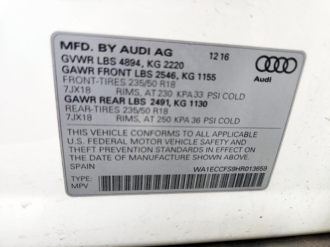 2017 Audi Q3 Premium VIN: WA1ECCFS9HR013659 Lot: 63534575