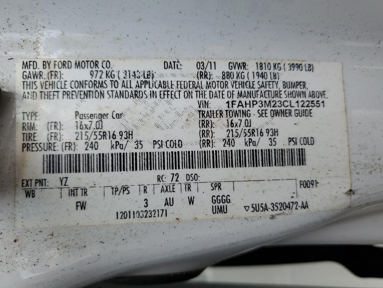 2012 Ford Focus Sel VIN: 1FAHP3M23CL122551 Lot: 67280025