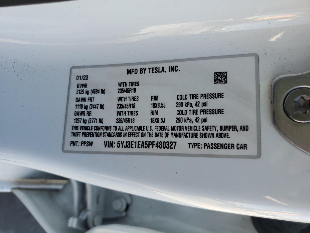2023 Tesla Model 3 VIN: 5YJ3E1EA5PF480327 Lot: 64856385