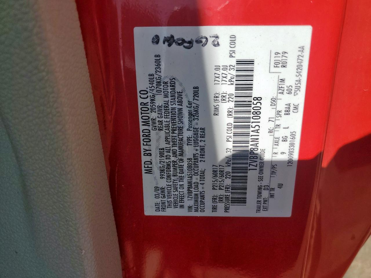 2010 Ford Mustang VIN: 1ZVBP8AN1A5108058 Lot: 64775865