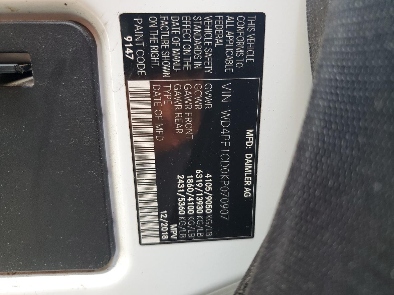2019 Mercedes-Benz Sprinter 2500/3500 VIN: WD4PF1CD0KP070907 Lot: 63973035