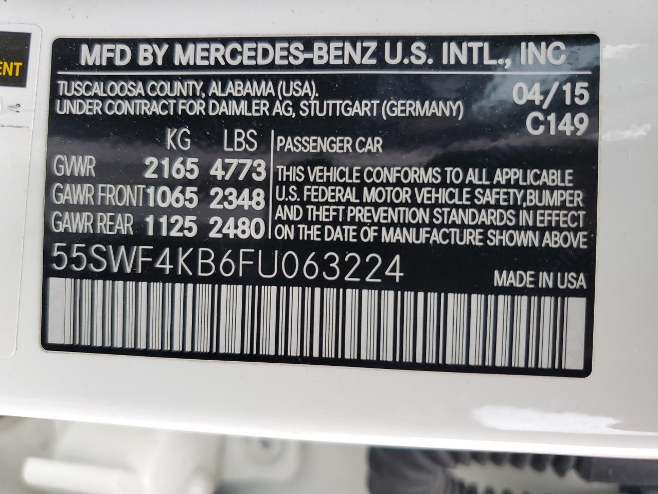 2015 Mercedes-Benz C 300 4Matic VIN: 55SWF4KB6FU063224 Lot: 65090755