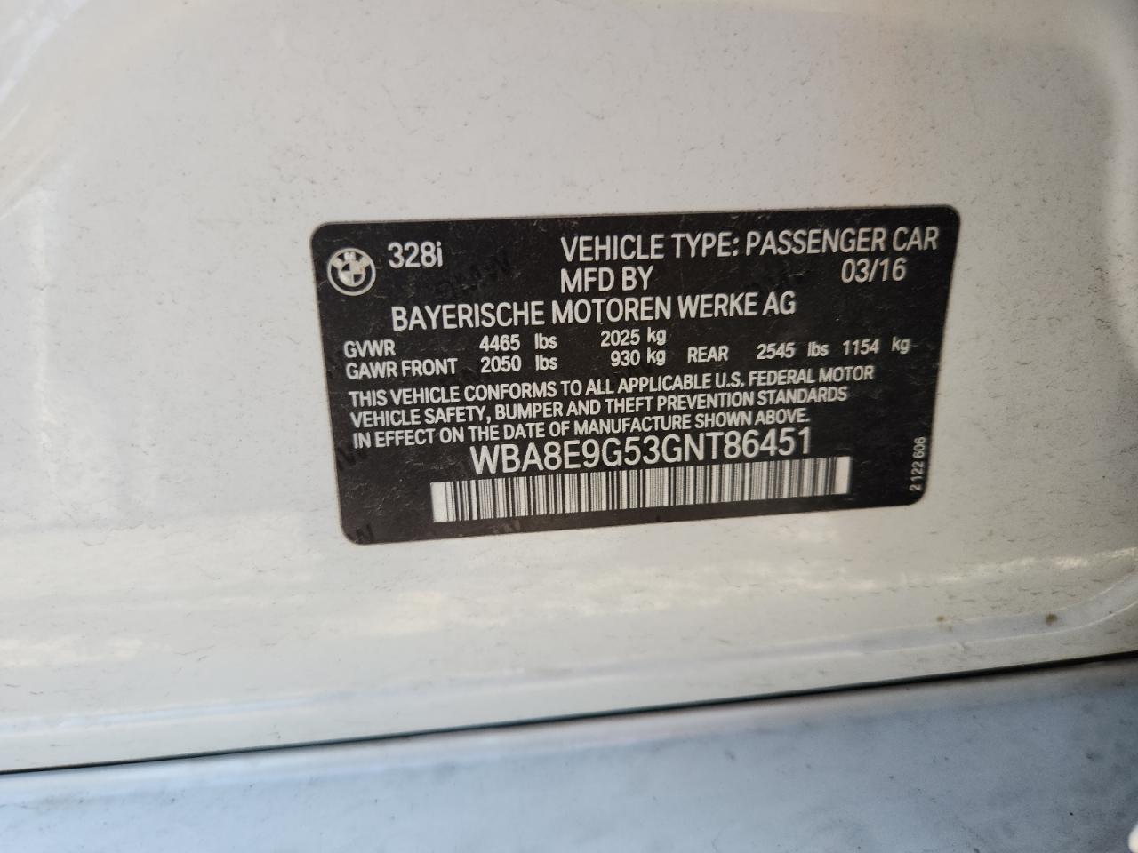 2016 BMW 328 I Sulev VIN: WBA8E9G53GNT86451 Lot: 63489265