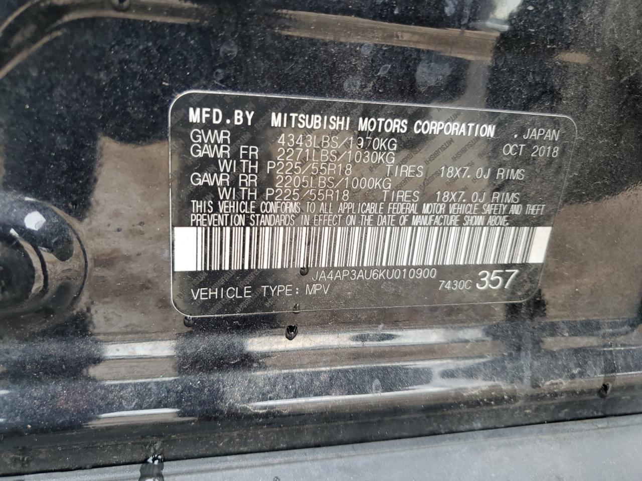 2019 Mitsubishi Outlander Sport Es VIN: JA4AP3AU6KU010900 Lot: 67178335