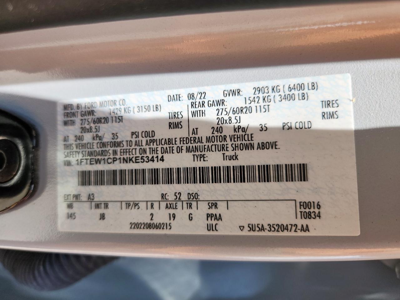 2022 Ford F150 Supercrew VIN: 1FTEW1CP1NKE53414 Lot: 63921635