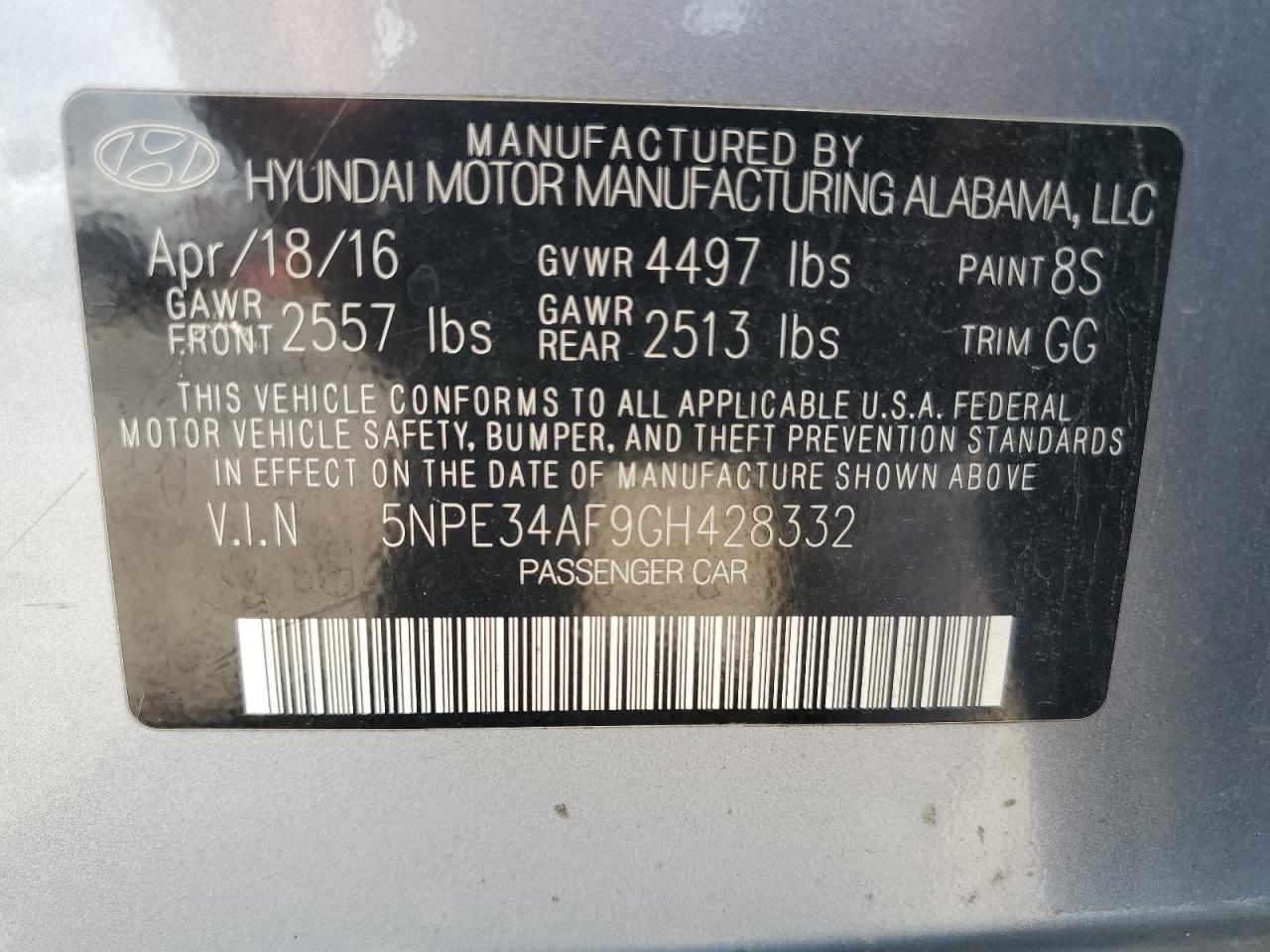 2016 Hyundai Sonata Sport VIN: 5NPE34AF9GH428332 Lot: 64084495