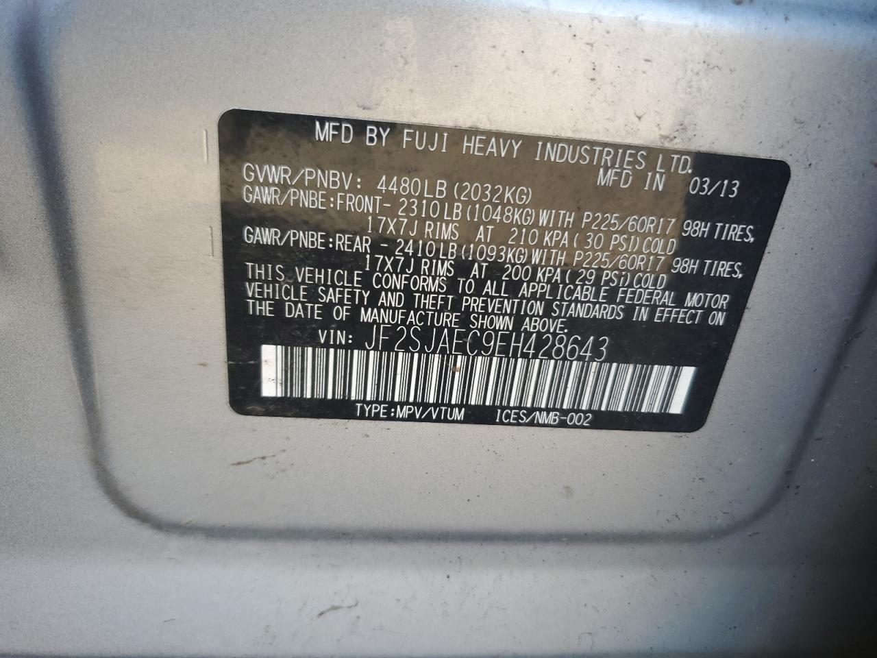 2014 Subaru Forester 2.5I Premium VIN: JF2SJAEC9EH428643 Lot: 64239485
