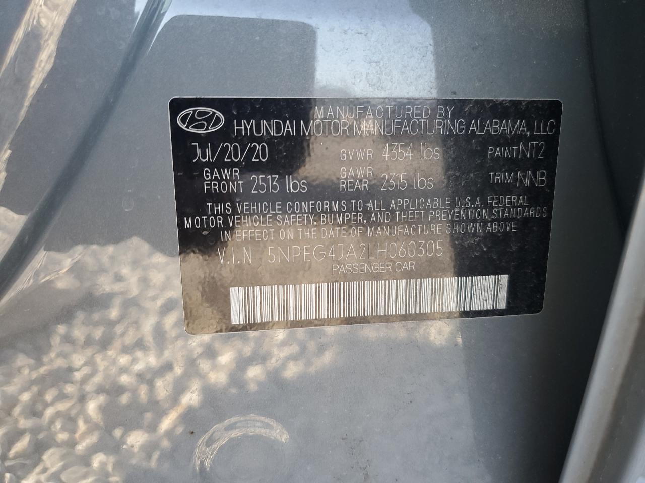 2020 Hyundai Sonata Se VIN: 5NPEG4JA2LH060305 Lot: 64660685