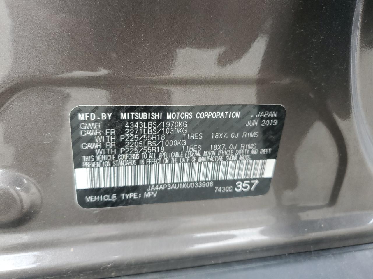 2019 Mitsubishi Outlander Sport Es VIN: JA4AP3AU1KU033906 Lot: 64368775