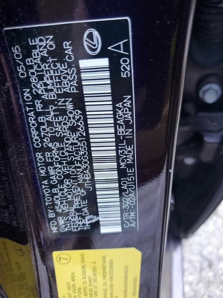 2005 Lexus Es 330 VIN: JTHBA30G355126639 Lot: 64170645