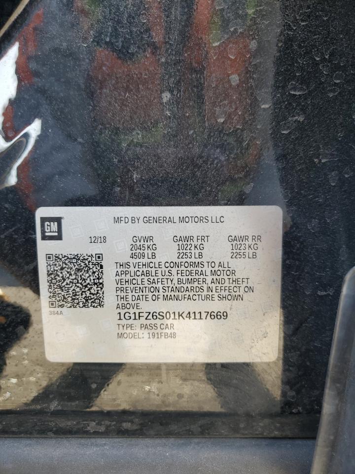 2019 Chevrolet Bolt Ev Premier VIN: 1G1FZ6S01K4117669 Lot: 67282005