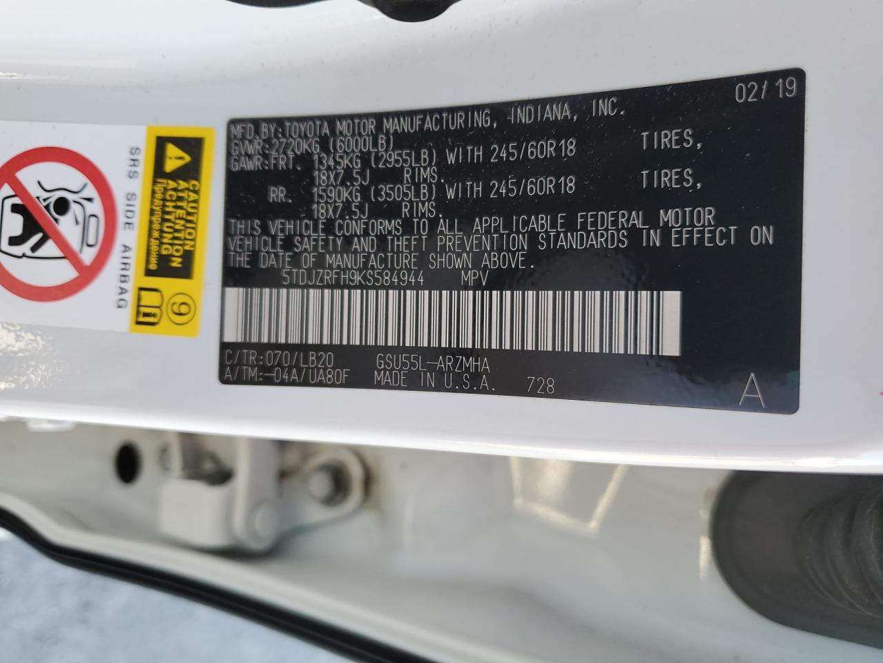 2019 Toyota Highlander Se VIN: 5TDJZRFH9KS584944 Lot: 63914235