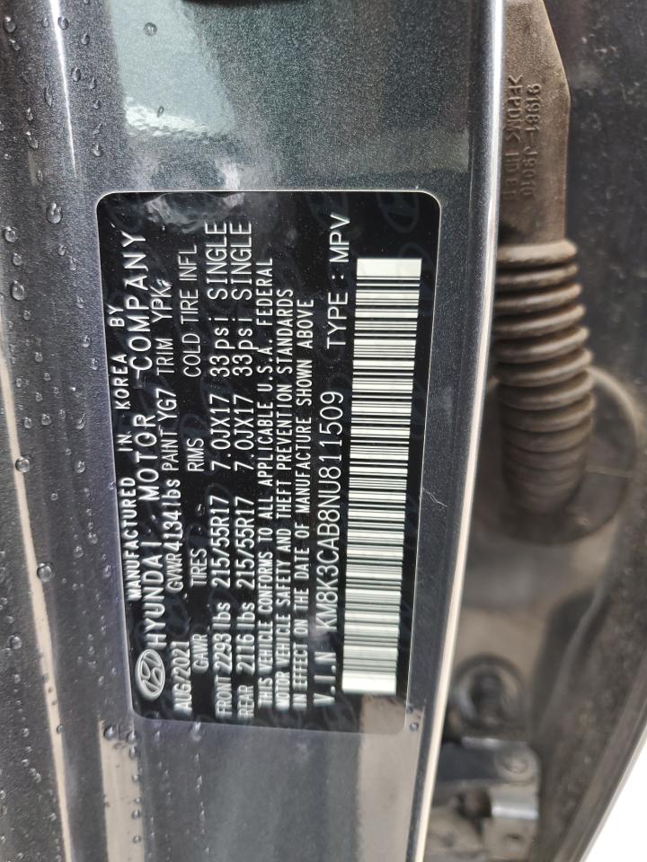 2022 Hyundai Kona Sel VIN: KM8K3CAB8NU811509 Lot: 65842265